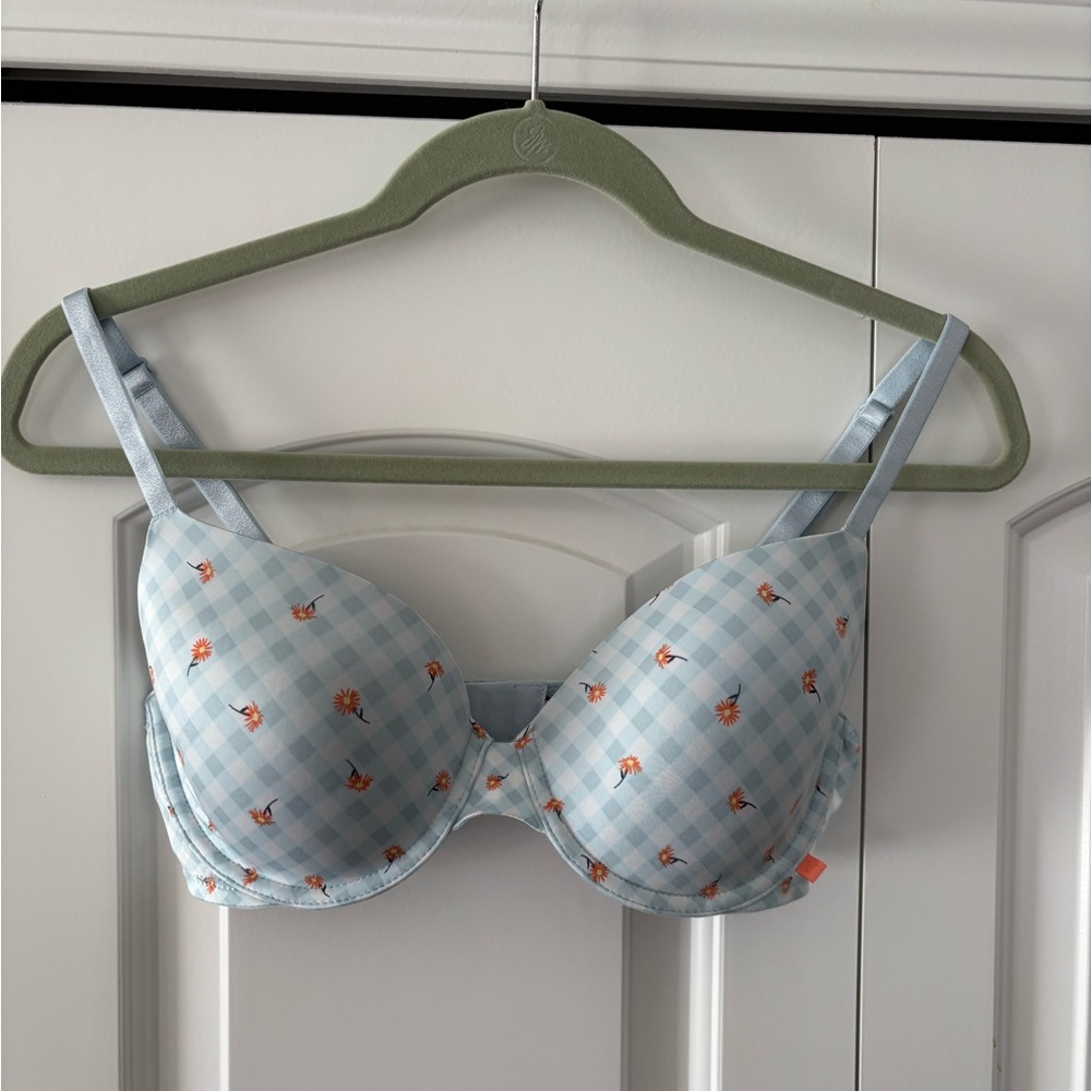 Light Blue Floral Checkered Bra